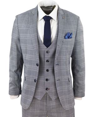 Infinity Leather 3 Piece Birdseye Check Classic Suit - Blue
