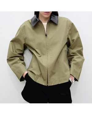 Mango Khaki Cotton Boxy Zip Up Jacket - Green