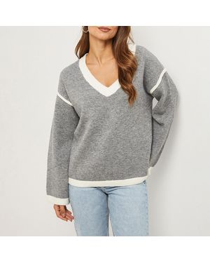 Sofiacashmere Contrast Detail Cashmere Blend V-Neck Jumper - Grey