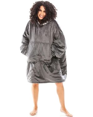 CAMILLE Sherpa Fleece Hoodie With Elasticated Cuffs & Giant Pocket - Grey