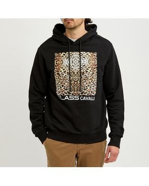 Roberto Cavalli Animal Print Logo Cotton Fleece Hoodie - Black