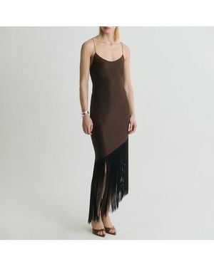 Mango Asymmetrical Satin Dress With Fringes - Black