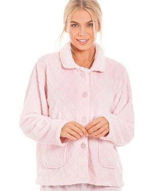 CAMILLE Supersoft Diamond Print Button Up Bed Jacket - Pink
