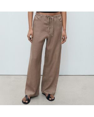 Mango Wideleg Linen Trousers - Brown