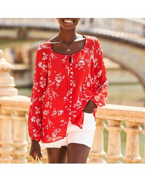 Sosandar Floral Print Button Front Blouse - Red
