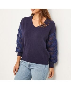 Sofiacashmere Mesh Ruffle Sleeve Cashmere Blend Jumper - Blue