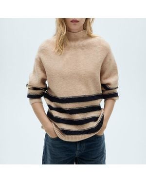 Mango Camel Stripe Glitter High Neck Jumper - White