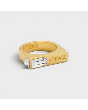 Versace Logo Engraved Crystal Embellished Ring - Metallic