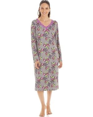 CAMILLE Floral Print Spandex Knee Length Long Sleeve Nightdress - Grey