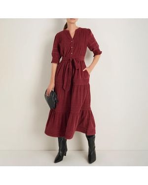 Wyse Burgandy Klara Cotton Cord Dress - Red