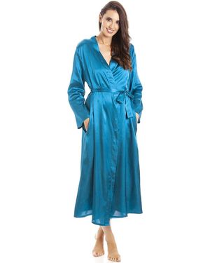 CAMILLE Full Length Long Sleeve Plain Satin Wrap - Blue