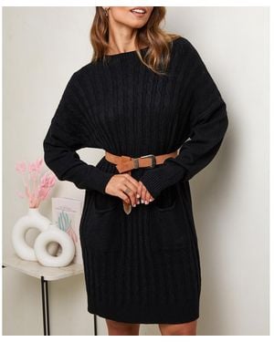 Sofiacashmere Cashmere Blend Textured Knee Length Dress - Black