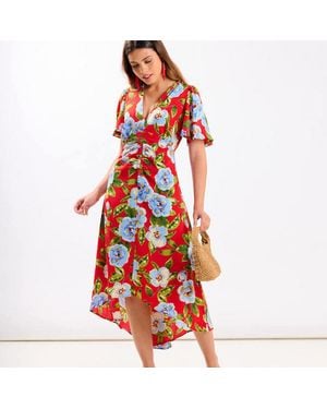 Needs No Label Oversize Floral Ruche Midi Dress - Red