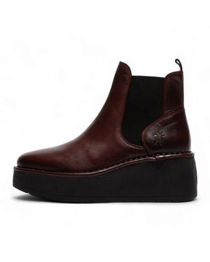 Fly London Wine Hely268 Chelsea Leather Ankle Pull-On Platform Comfort Boots - Brown