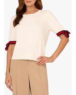 Adrianna Papell Striped Bow Short Sleeve Top - Brown