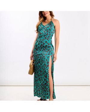 Needs No Label Leopard Ruched Bust Detail Maxi - Blue
