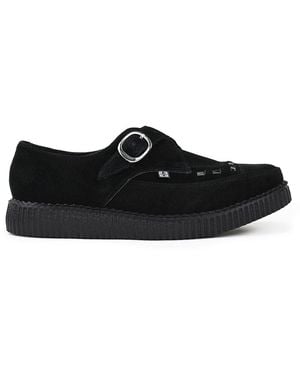 Infinity Leather Pointed Creeper Suede Monk Buckle Platform Shoes - Black