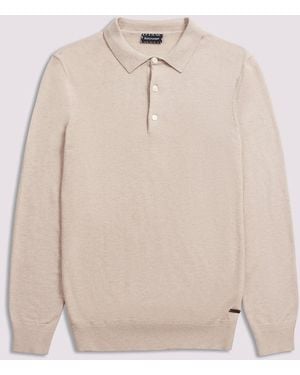 Duchamp Long Sleeve Knit Cotton Blend Polo Shirt - Natural