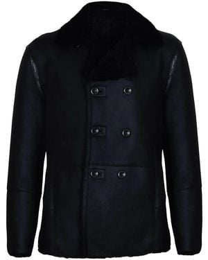 Infinity Leather Double Breasted Shearling Sheepskin Pea Coat-Valencia - Black