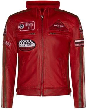 Infinity Leather Racing Hooded Leather Biker Jacket-Clovelly - Red