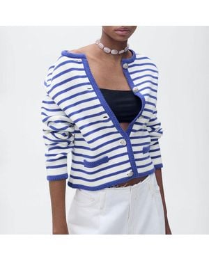 Mango Stripped Knit Cardigan - Blue