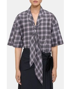 Theory Check Tie Neck Shirt - Grey