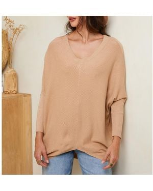 Sofiacashmere Camel Cashmere Blend Open Back Pearl Jumper - Natural