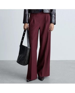 Mango Wideleg Pleated Wool Trousers - Red