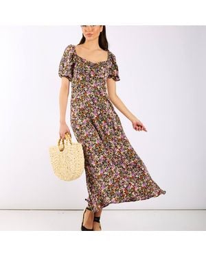 Needs No Label Floral Sweetheart Neck Midi Dress - Brown