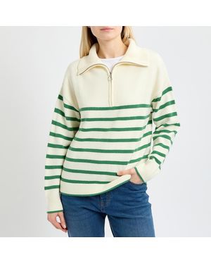 Crew Cream/ 1/2 Zip Stripe Jumper - Green