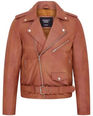 Infinity Leather Retro Tan Brando Quilted Leather Biker Jacket Vintage Motorcycle Style - Orange