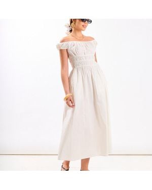Needs No Label Cotton Shirred Bardot Midi Dress - White