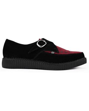 Infinity Leather Pointed Creeper Burgundy Suede Monk Buckle Platform Shoes - Black