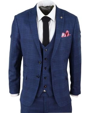 Infinity Leather 3 Piece Birdseye Check Classic Suit - Blue