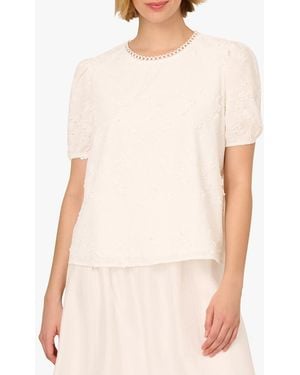 Adrianna Papell Cream Puff Sleeve 3D Floral Cotton Top - White