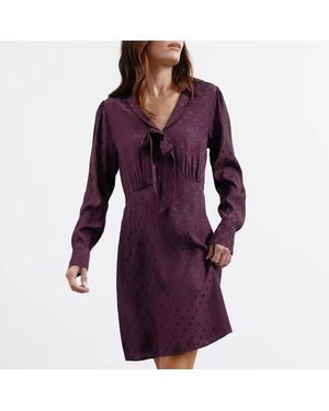Albaray Burgundy Jaquard Spot Bow Dress - Purple