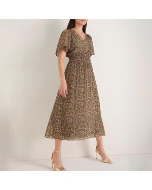 Wyse Retro Floral Lame Iona Dress - Brown
