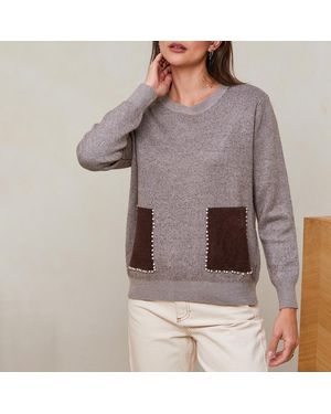 Sofiacashmere Taupe Patchwork Design Pearl Cashmere Blend Jumper - Grey