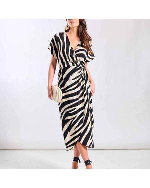 Needs No Label Cream Animal Viscose Wrap Midi Dress - Black