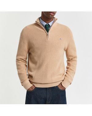 GANT Khaki Merino Ribbed Half Zip Jumper - Natural