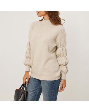Sofiacashmere Taupe Ribbed Bubble Sleeve Cashmere Blend Jumper - Natural