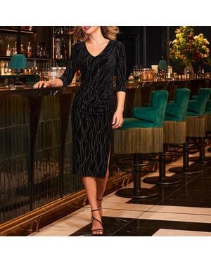 Sosandar Swirl Embellished Velvet Ruched Detail Midi Dress - Black