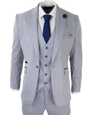 Infinity Leather 3 Piece Tweed Suit Light Check Peaky Blinders 1920 Gatsby Wedding Suit - Blue