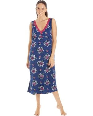 CAMILLE Floral Print Spandex Knee Length Chemise - Blue