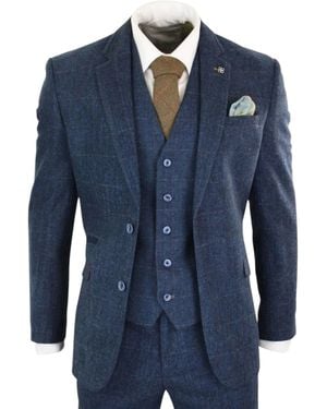 Infinity Leather 3 Piece Tweed Herringbone Vintage Classic Suit - Blue