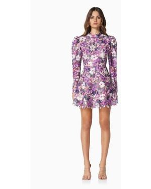Elliatt Basta Long-Sleeve Mini Dress With Floral Embroidery - Purple