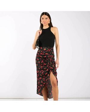 Needs No Label Floral Ruche Side Midi Skirt - Black
