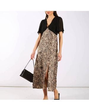 Needs No Label Animal Satin Mix Flutter Sleeve Midi Dress - Brown