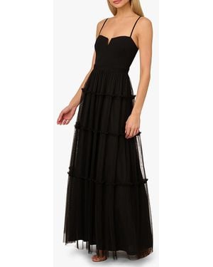 Adrianna Papell Notched Neck Tiered Mesh Maxi Dress - Black