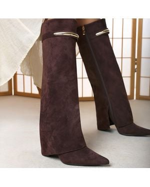 Where's That From Nareva Fold Over Shark Block Heel Point Toe Boots With Trim Detail - Brown